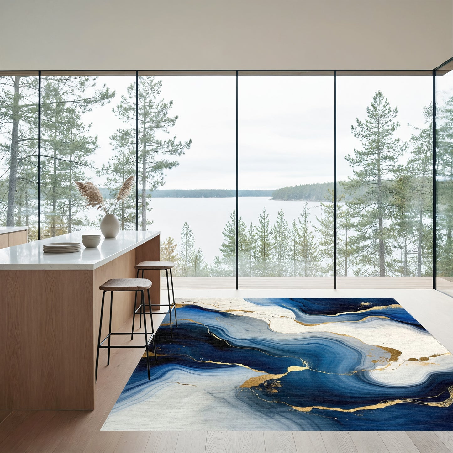 Navy White Gold Veined Fluid Rug