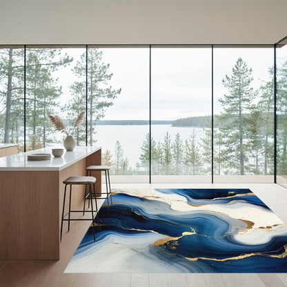 Navy White Gold Veined Fluid Rug