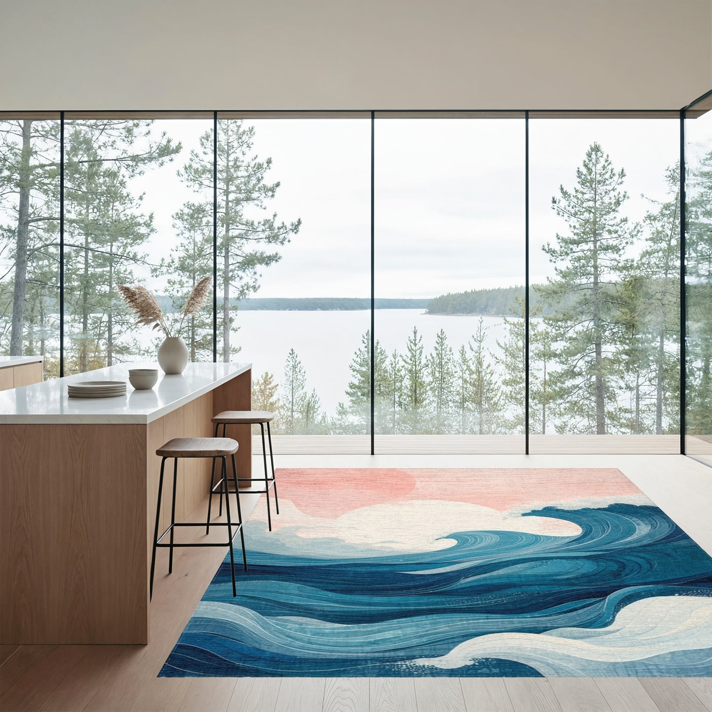 Abstract Pink Sun Blue Waves Rug