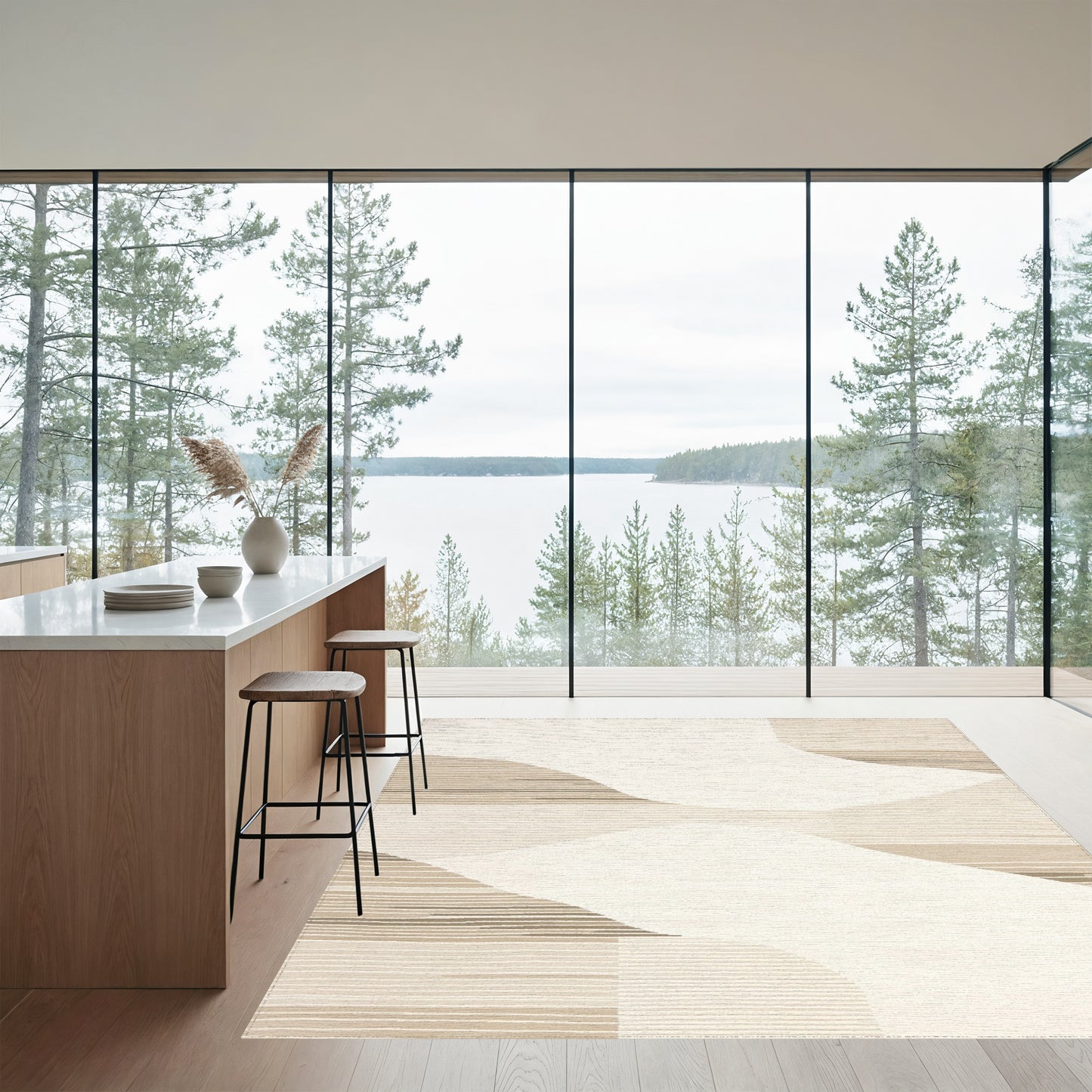 Abstract Beige Curved Stripes Rug