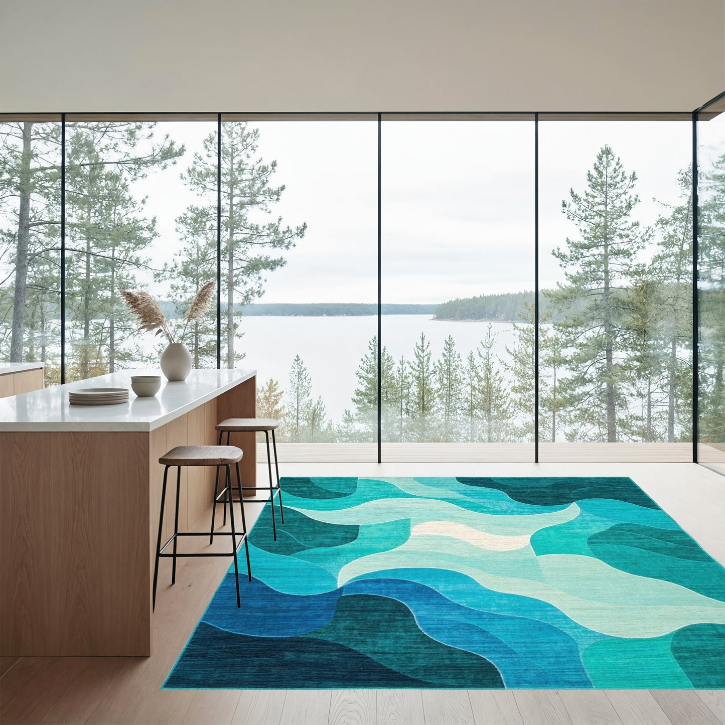 Teal Layered Waves Rug