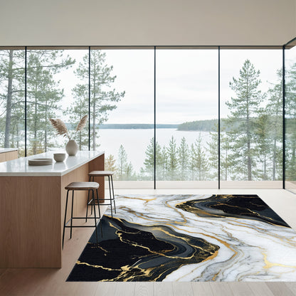 White Black Gold Veined Marble Rug