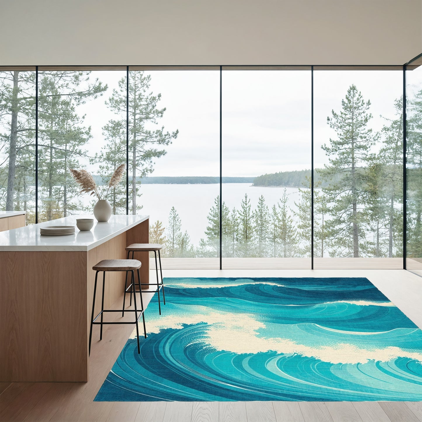 Teal Navy Swirling Waves Rug