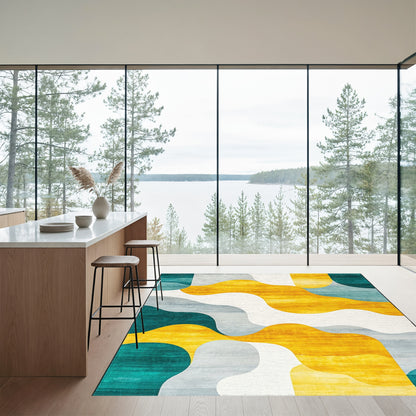 Teal Yellow Gray Wavy Organic Rug