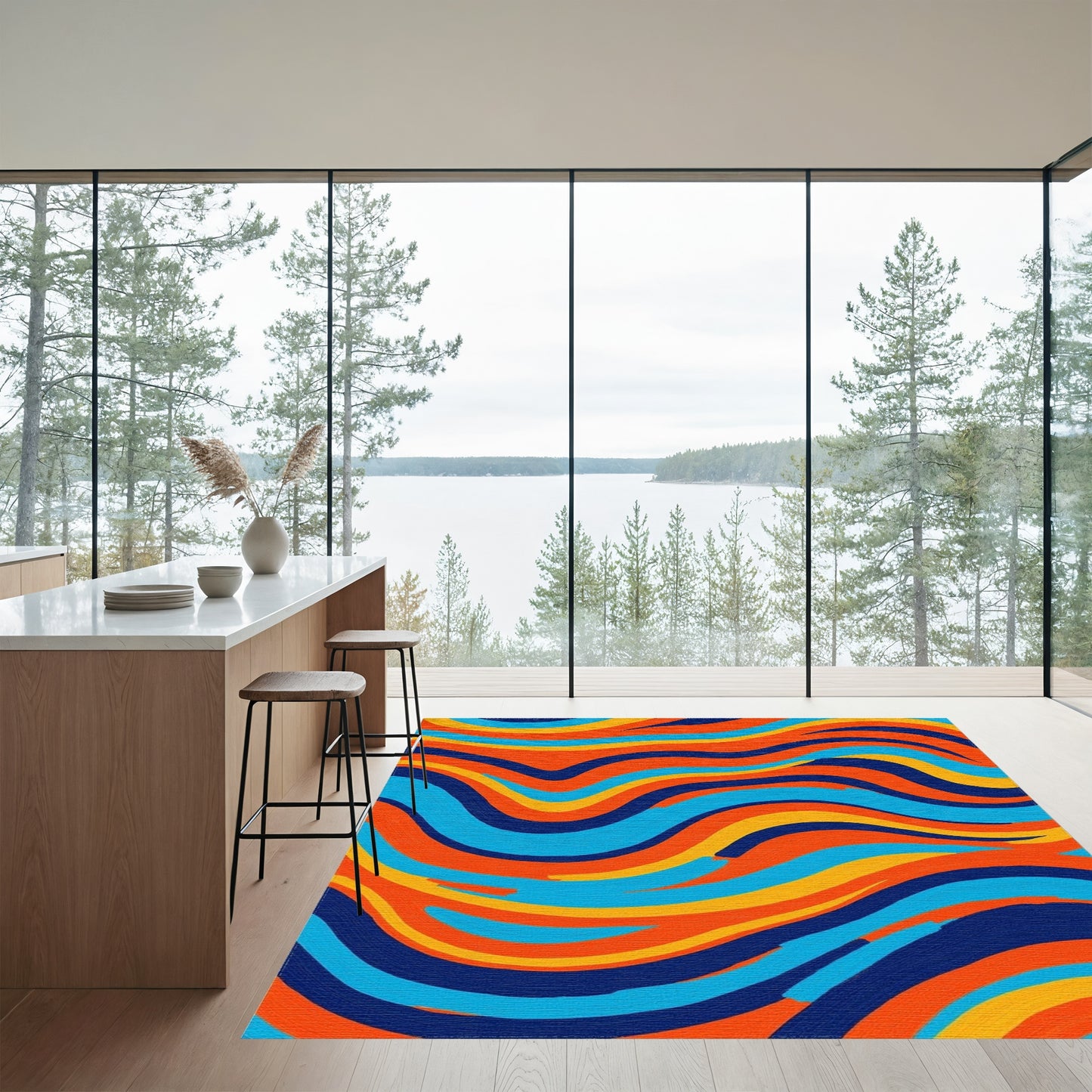 Vibrant Teal Orange Wavy Rug