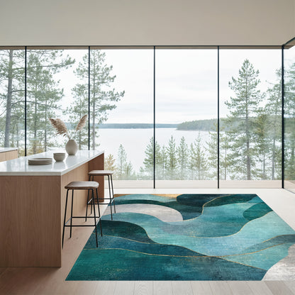 Teal Gold Fluid Wave Rug