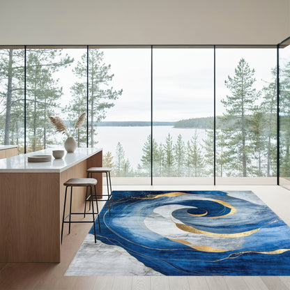 Navy Gold Swirl Marble Rug