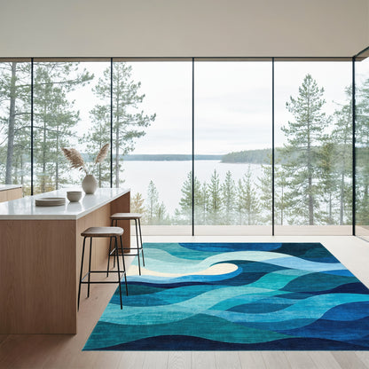 Teal Blue Layered Waves Rug