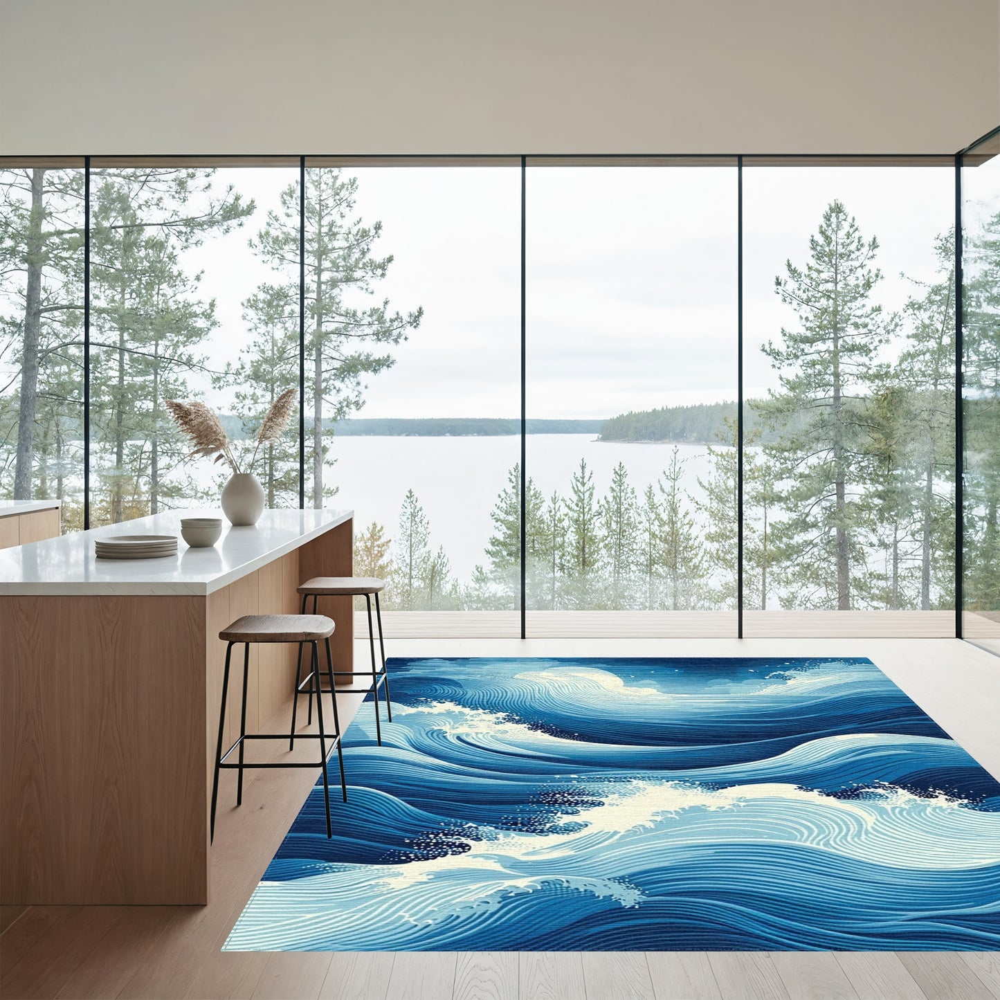 Navy Foamy Swirling Waves Rug