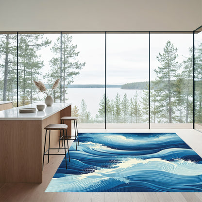 Navy Foamy Swirling Waves Rug