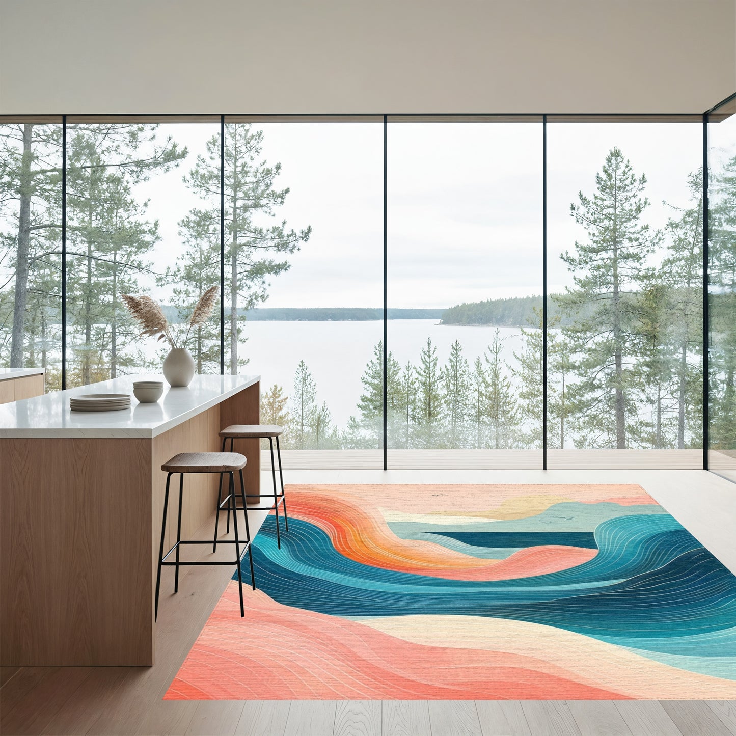 Wavy Pink Orange Teal Seascape Rug