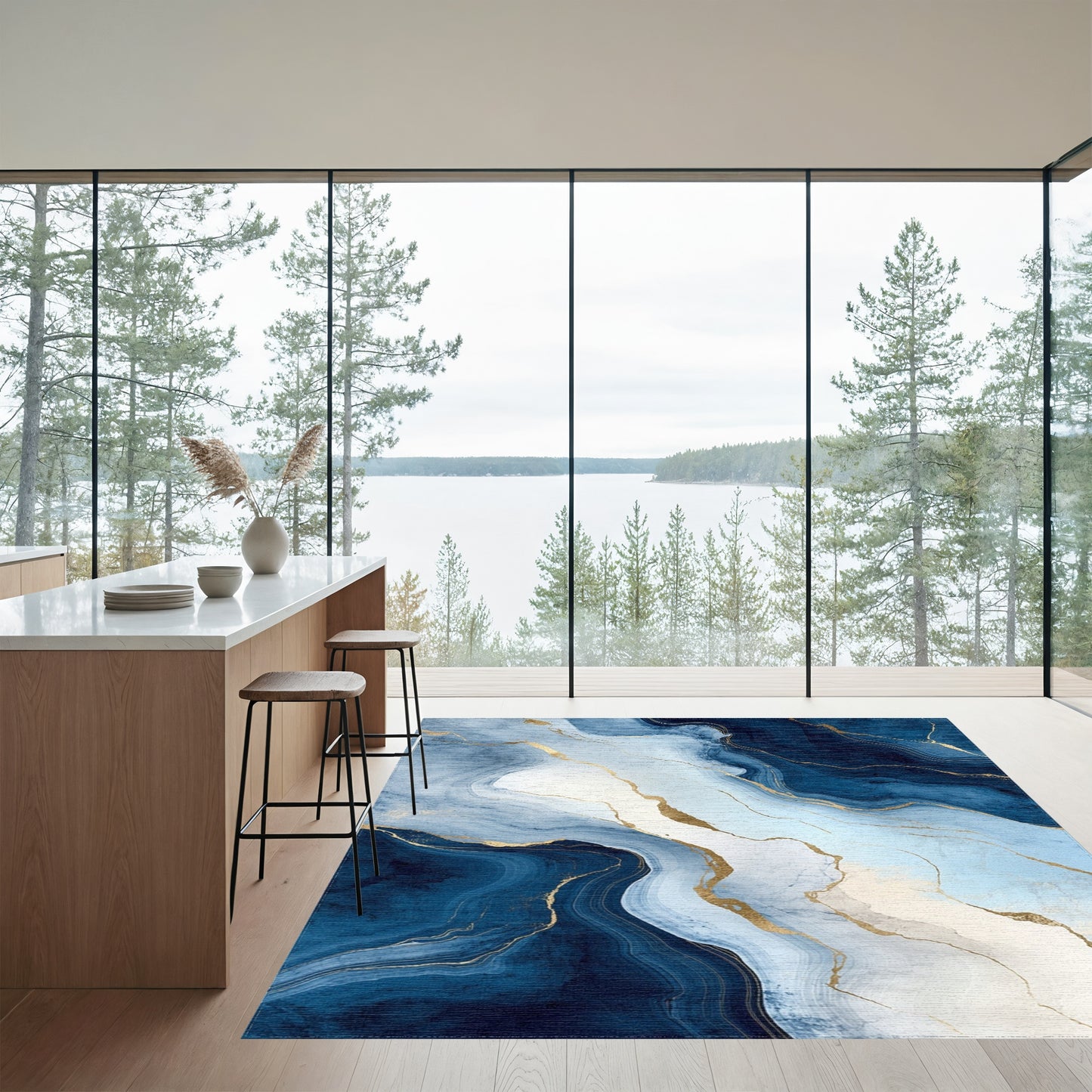 Navy Blue Gold Veined Marble Rug