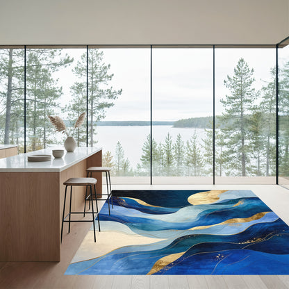 Navy Gold Abstract Waves Rug