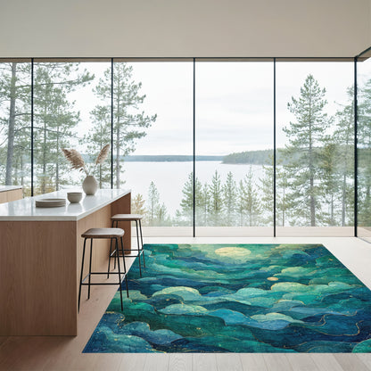 Teal Layered Clouds Moon Sparkle Rug