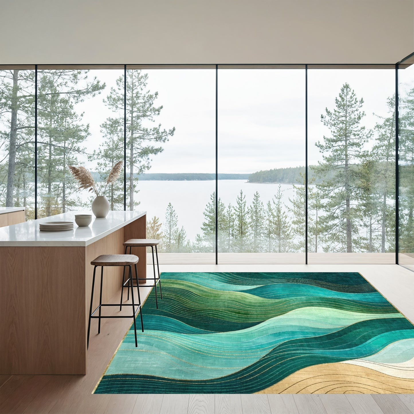Emerald Teal Wavy Gold Rug