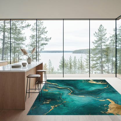 Teal Gold Marble Swirl Rug