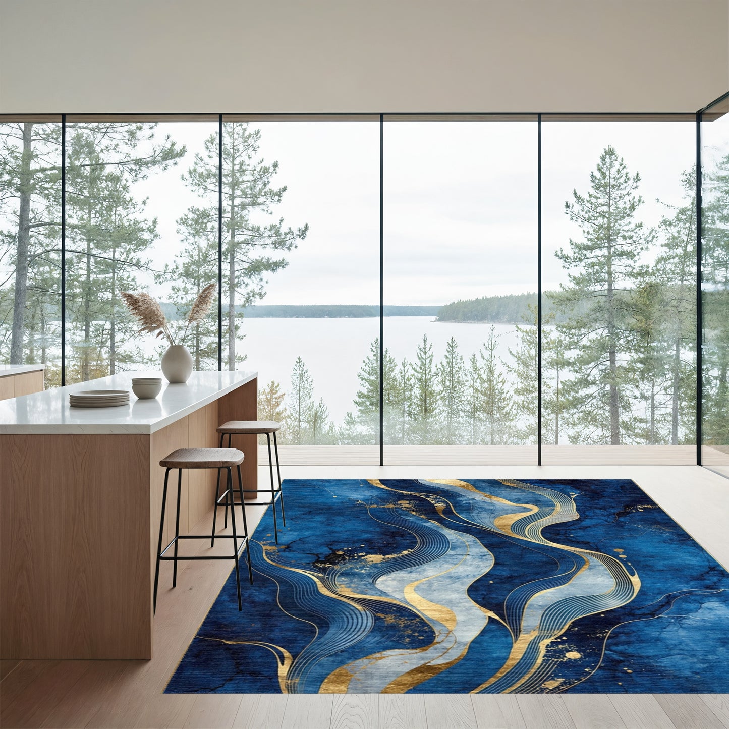 Navy Gold Flowing Waves Rug