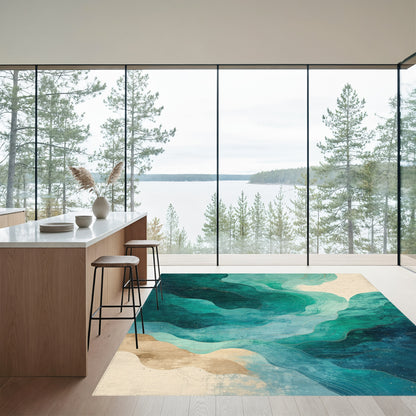 Teal Gold Fluid Wave Rug