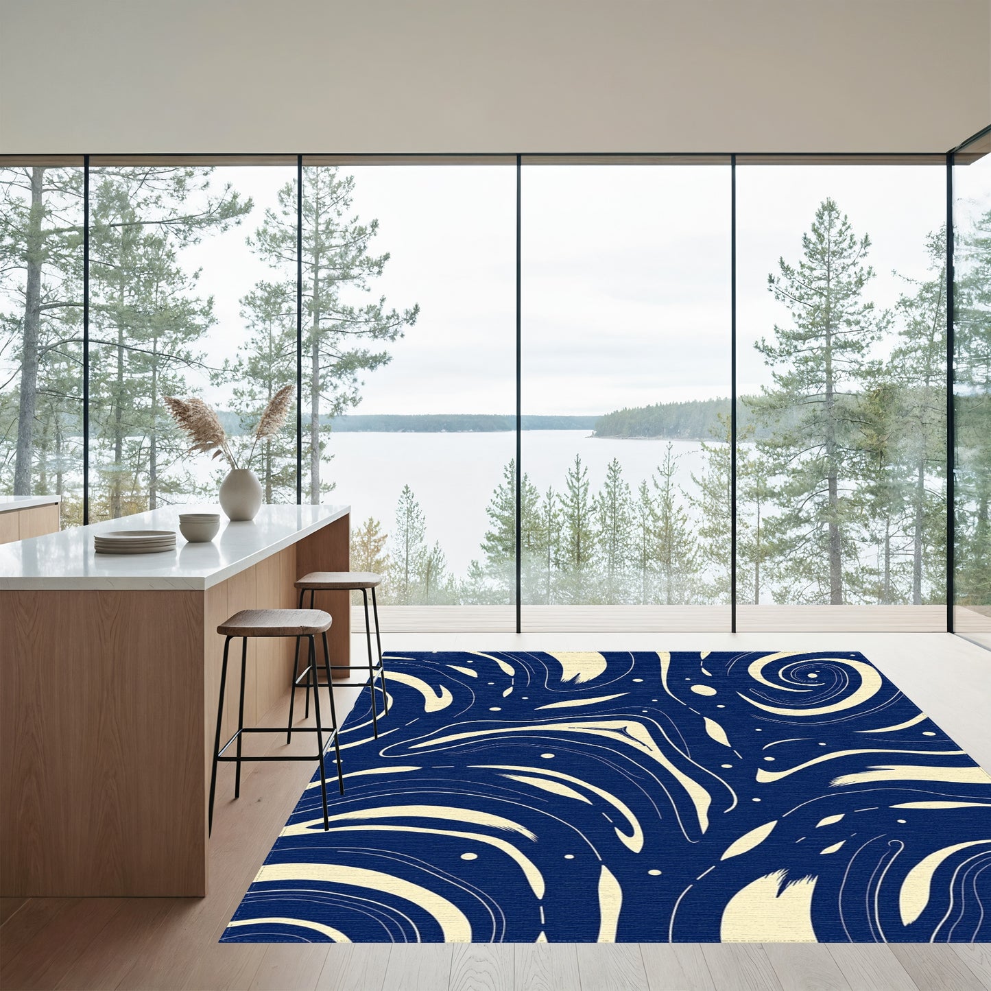 Navy Swirling Cream Waves Rug