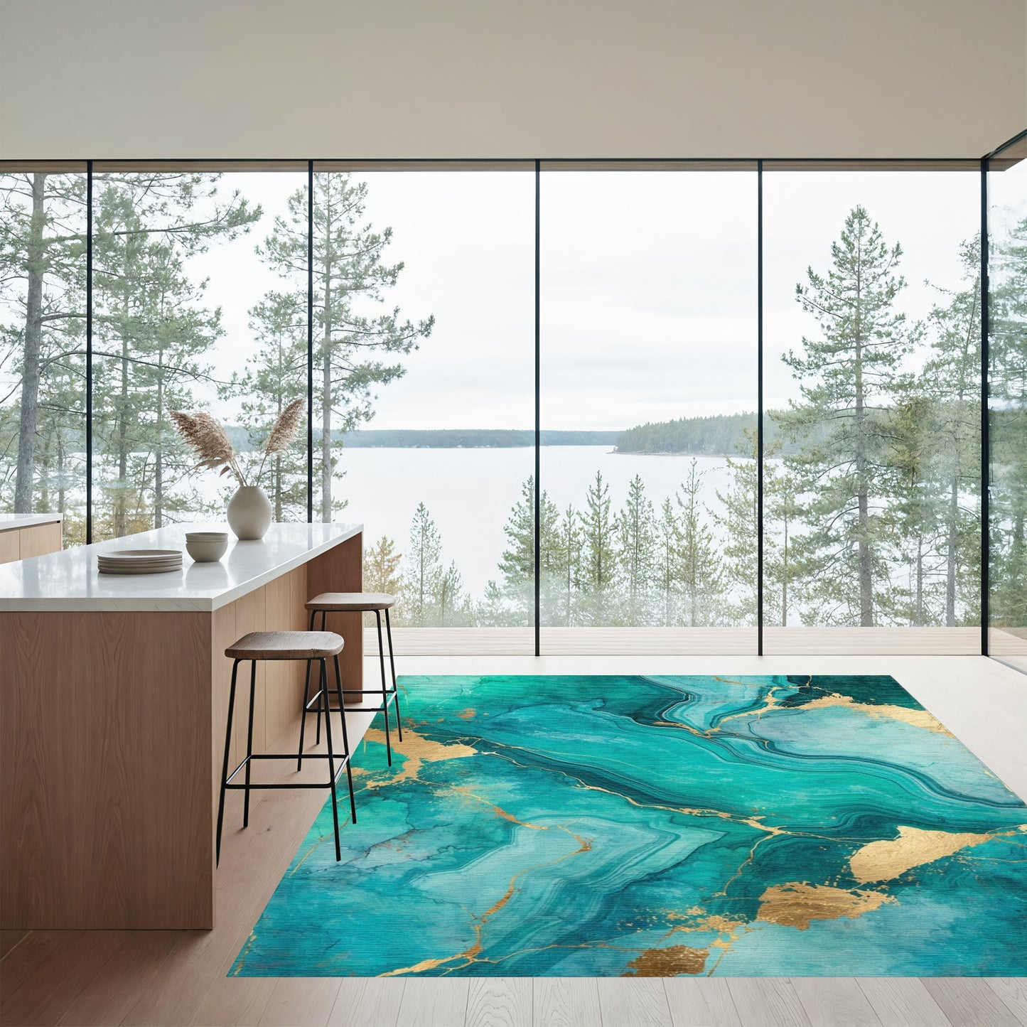 Teal Gold Veined Marble Rug