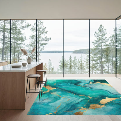 Teal Gold Veined Marble Rug