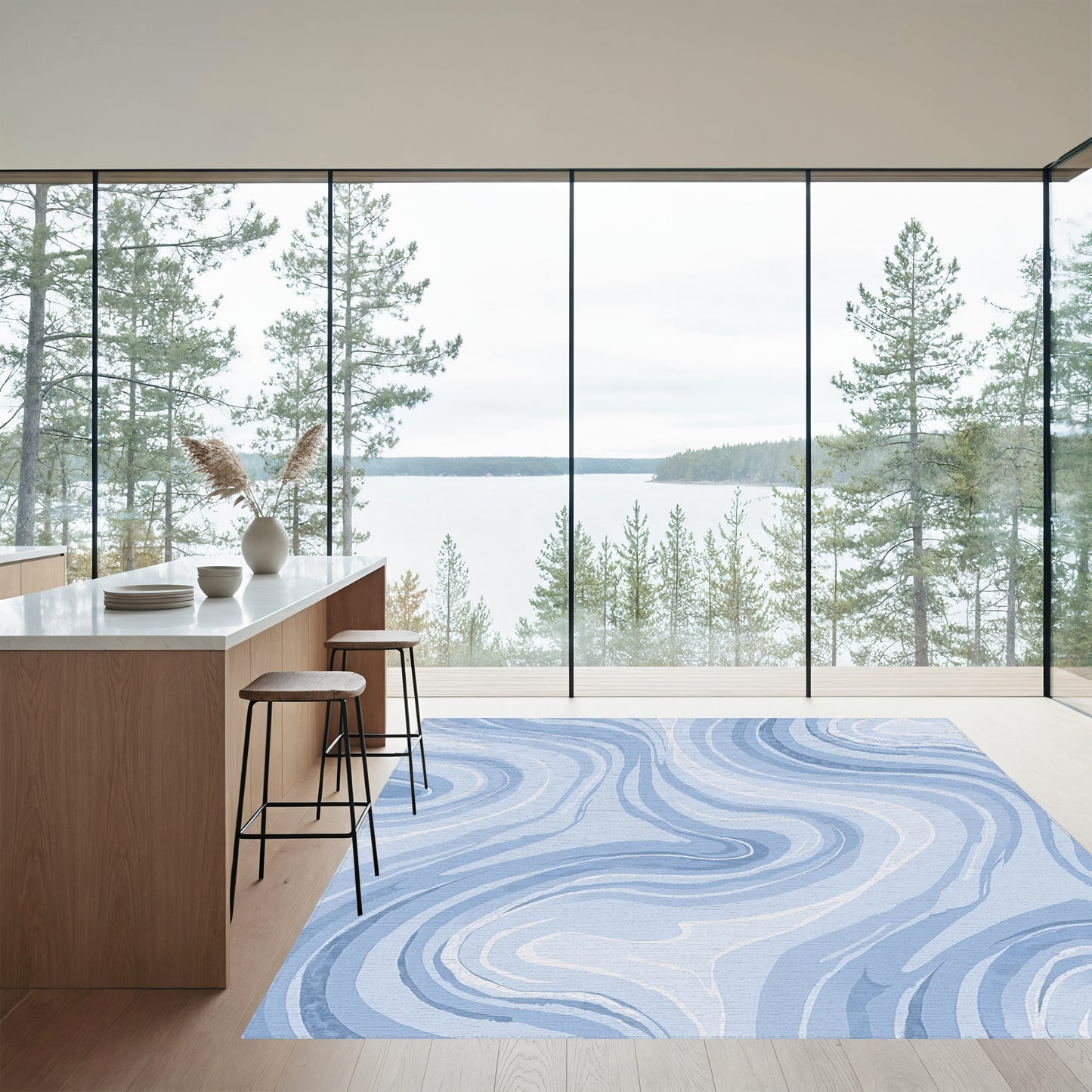 Swirling Blue Marble Abstract Rug