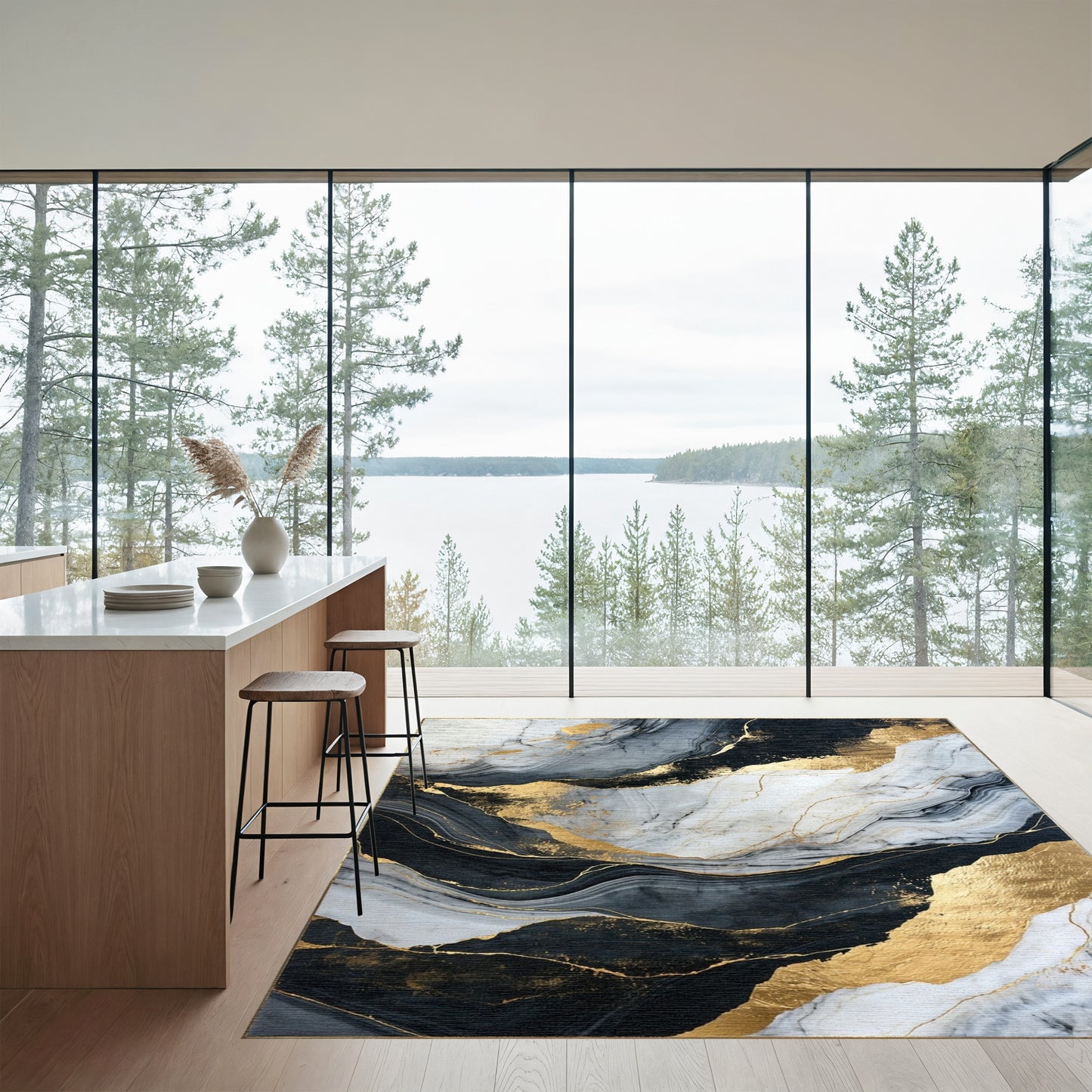 Black White Gold Swirling Veins Rug