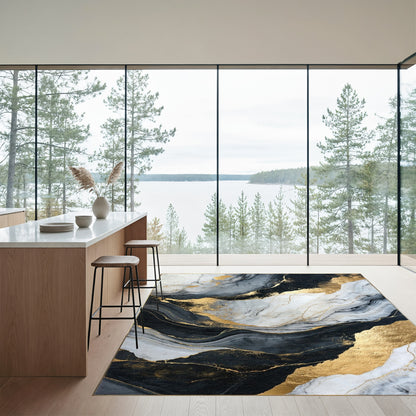 Black White Gold Swirling Veins Rug