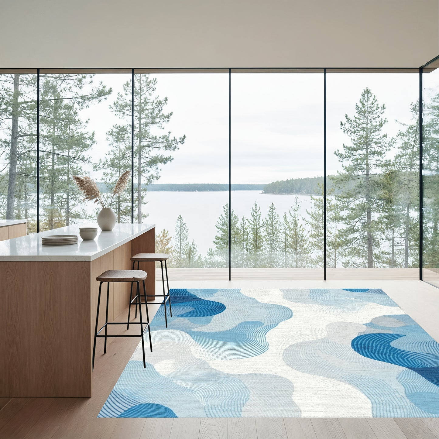Abstract Blue Fluid Waves Rug