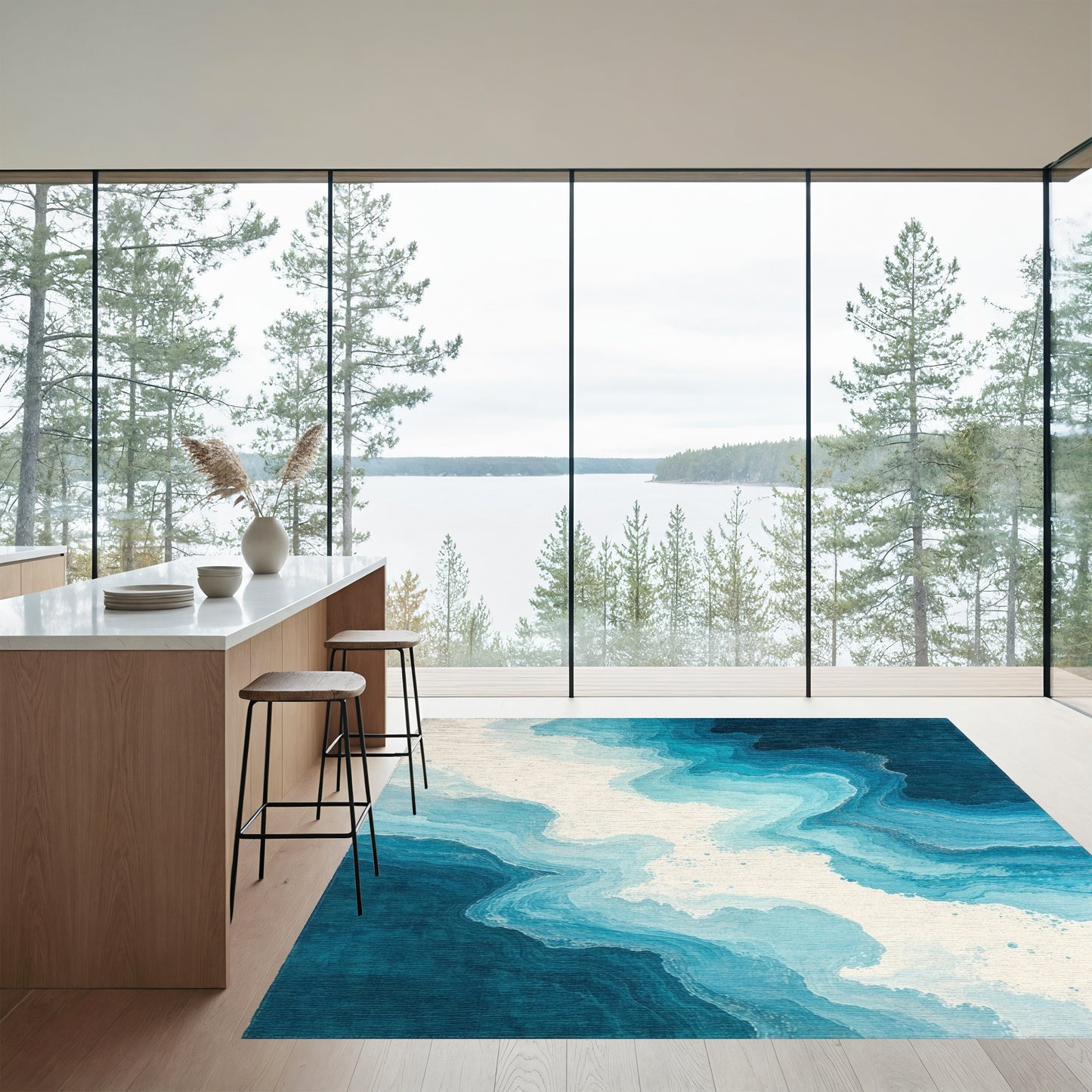 Gradient Blue Layered Waves Rug