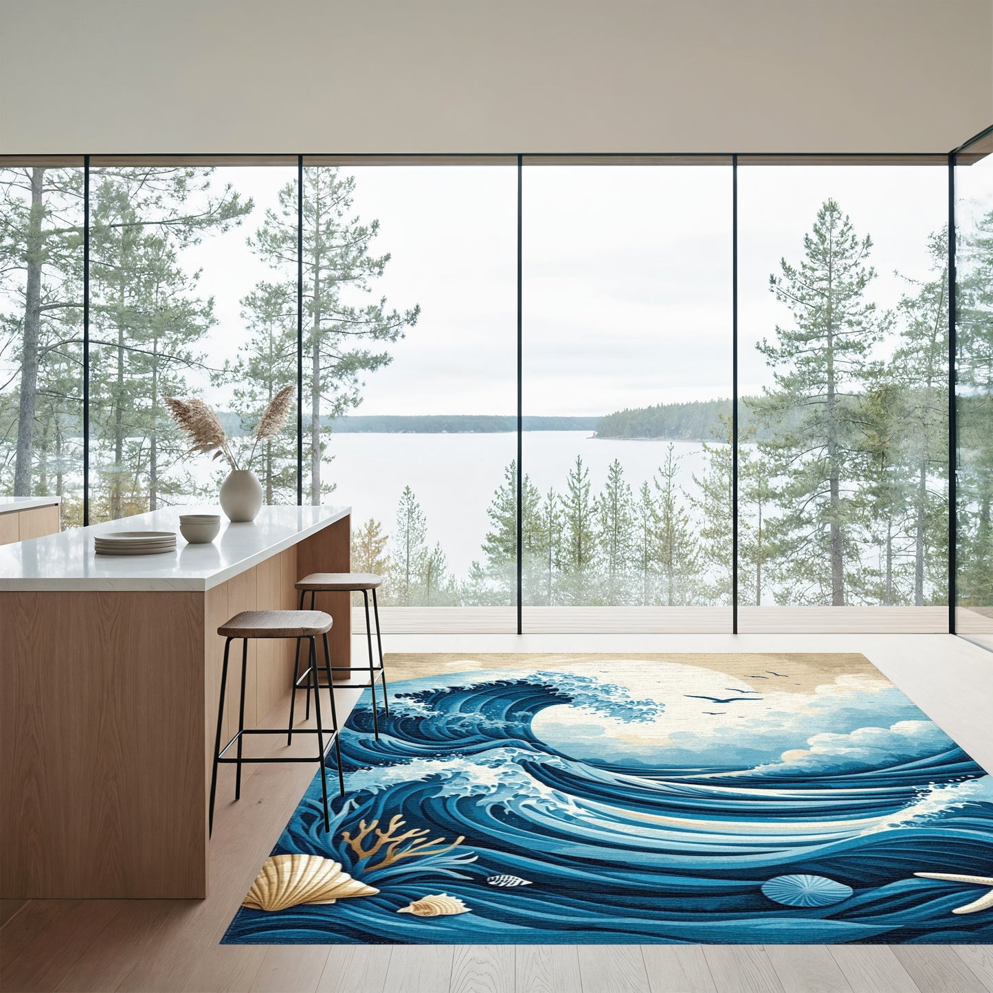 Blue Crashing Wave Moon Birds Rug