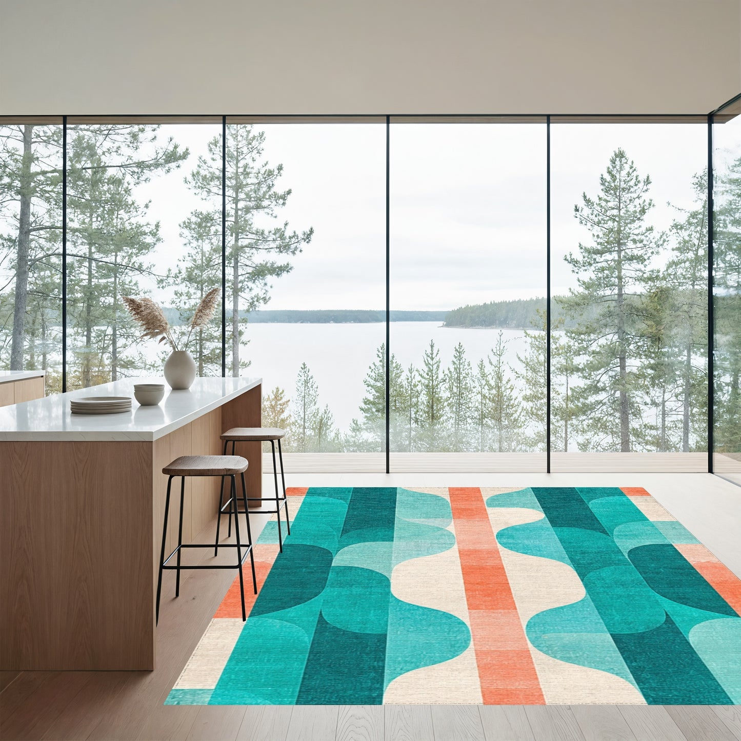 Teal Orange Wavy Geometric Rug