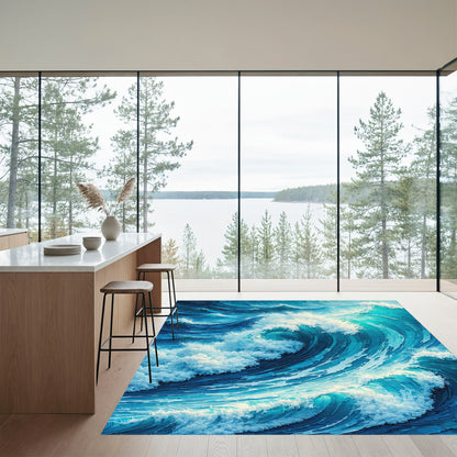 Dynamic Teal Crashing Waves Rug