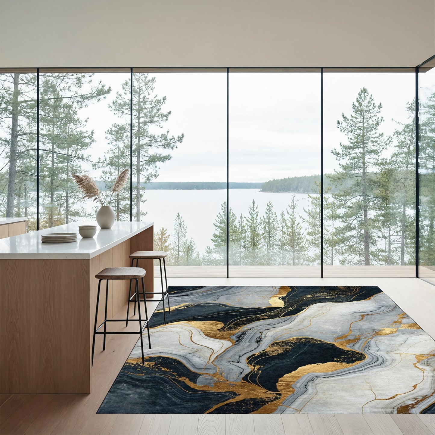 Navy Gray Gold Veined Marble Rug