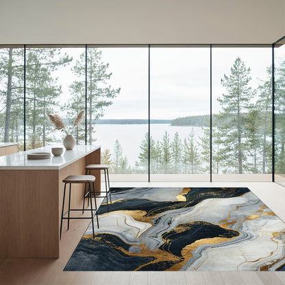 Navy Gray Gold Veined Marble Rug