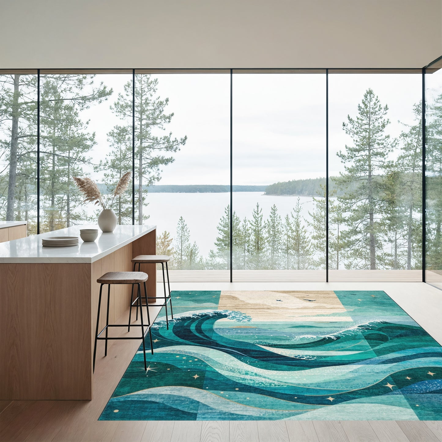 Teal Waves Starry Seascape Rug