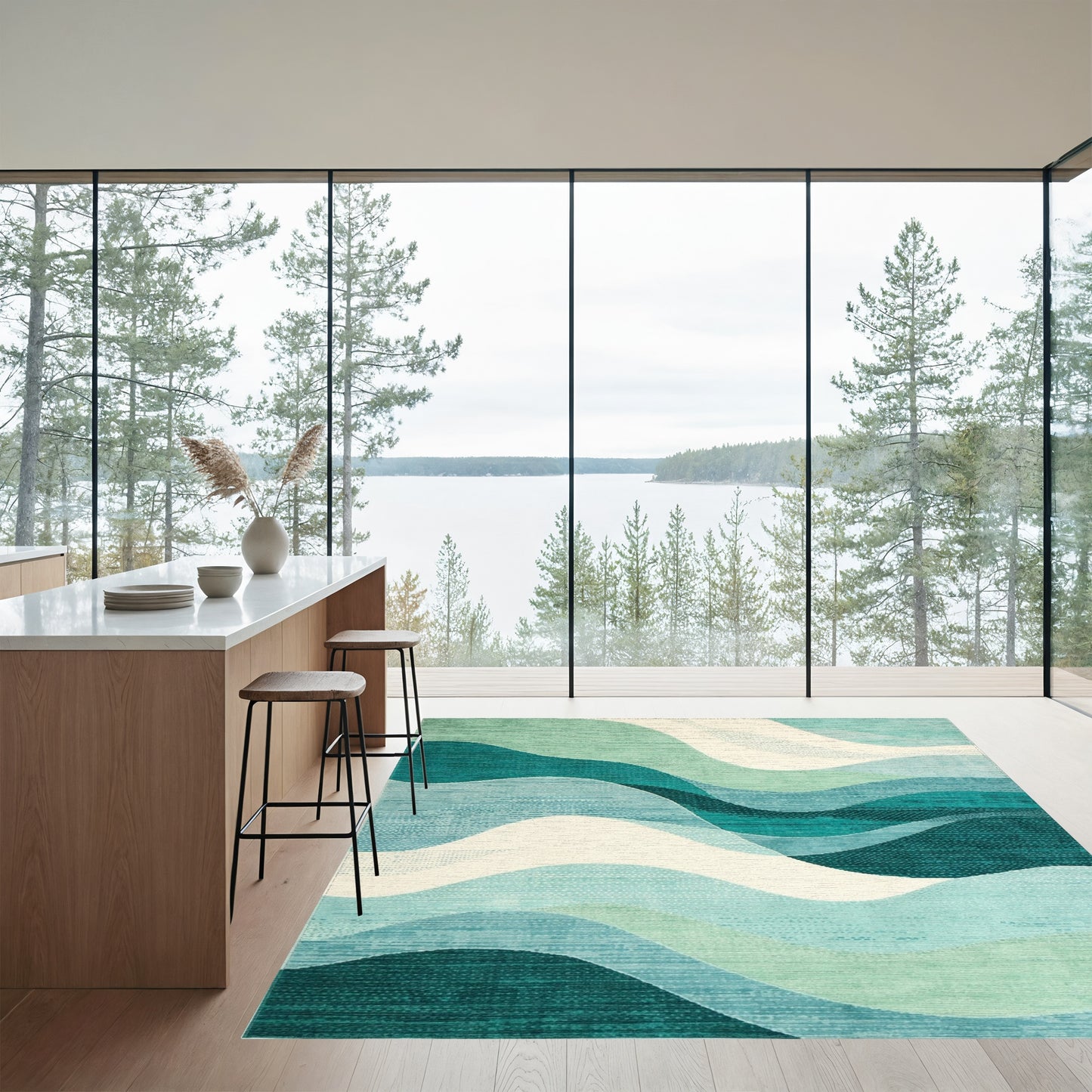 Teal Layered Waves Rug