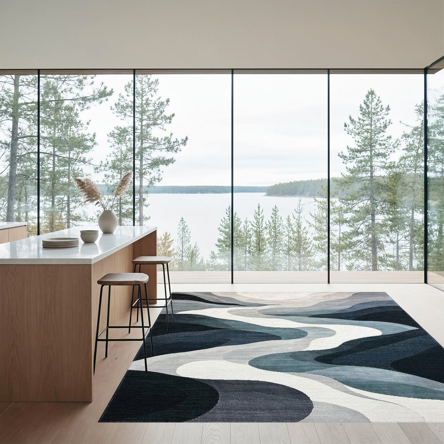 Grayscale Layered Waves Rug