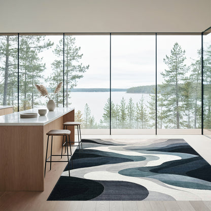 Grayscale Layered Waves Rug