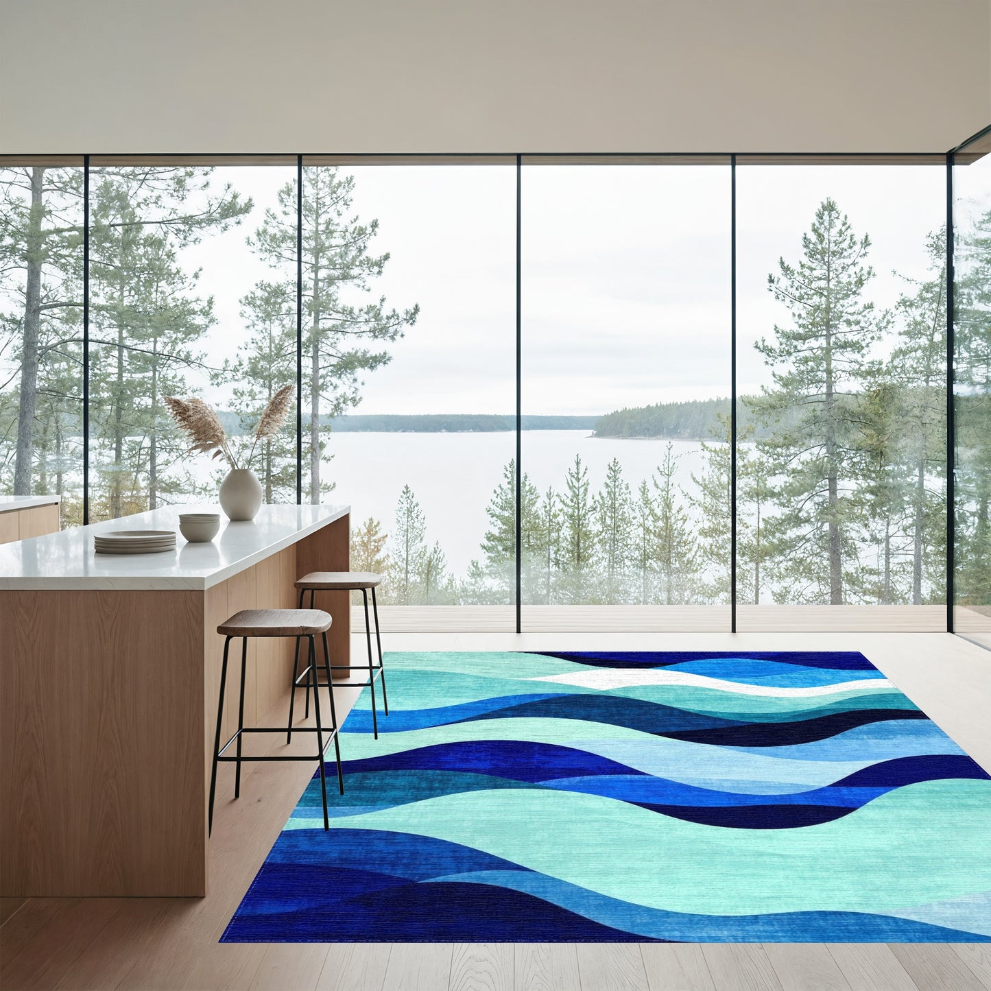 Teal Navy Overlapping Wave Rug