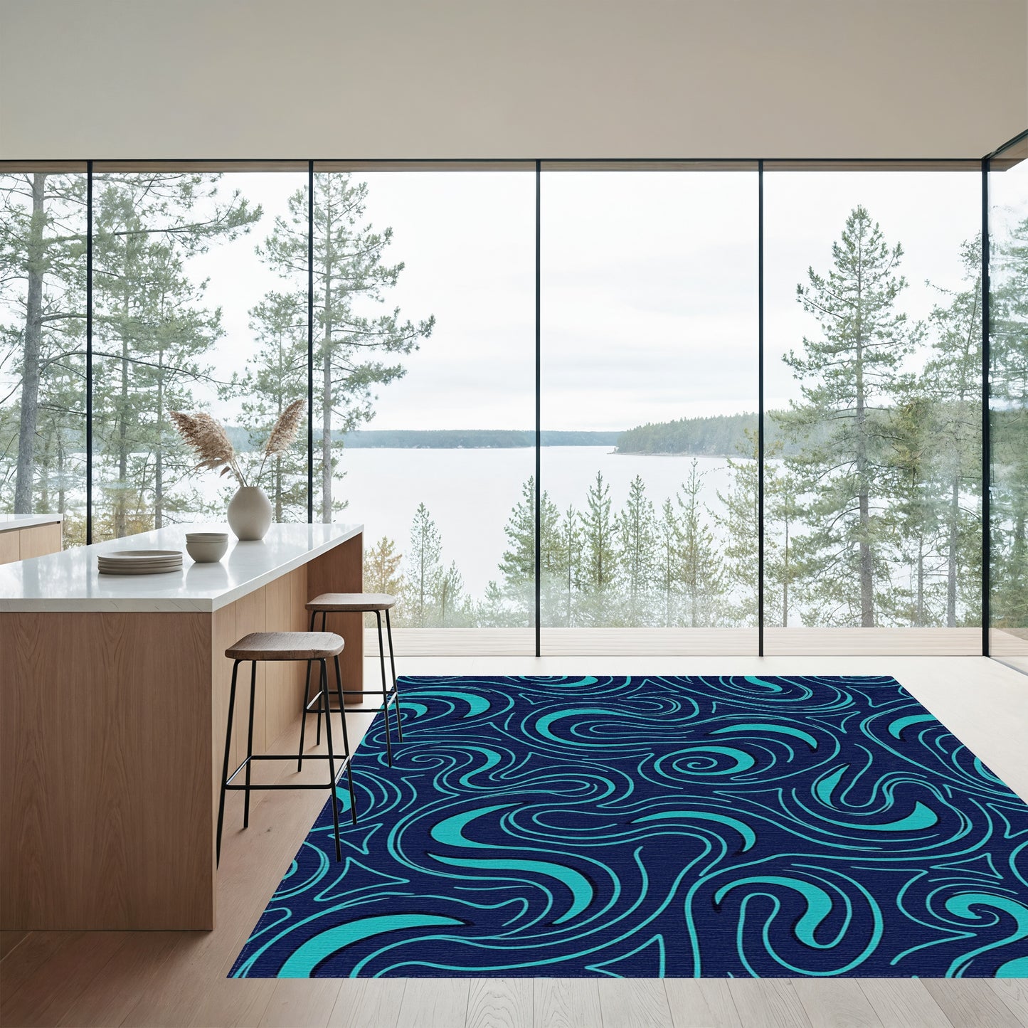 Teal Swirling Waves Navy Rug