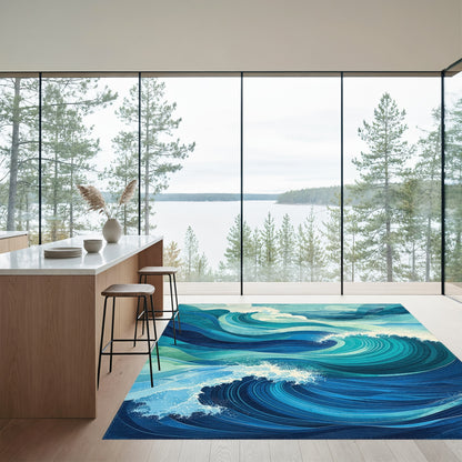 Teal Layered Ocean Waves Rug
