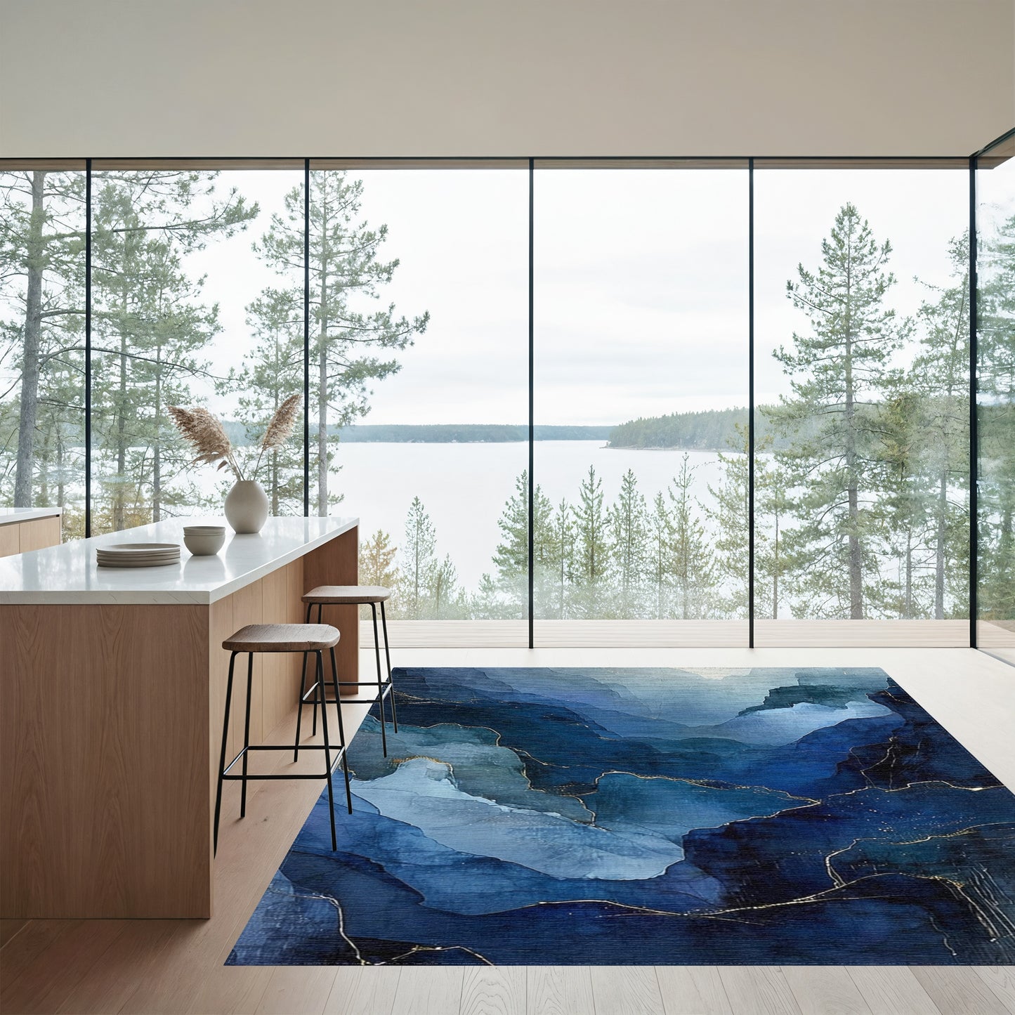 Navy Blue Layered Peaks Gold Rug