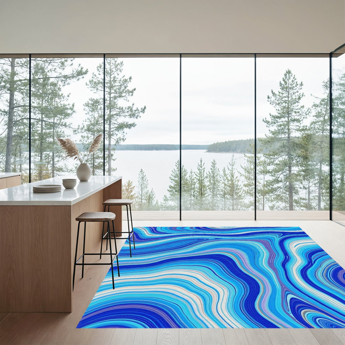 Blue Fluid Marble Swirl Rug