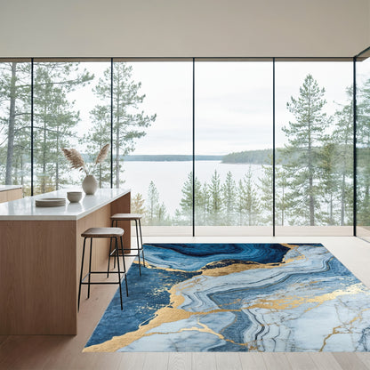 Navy Blue Gold Veined Marble Rug