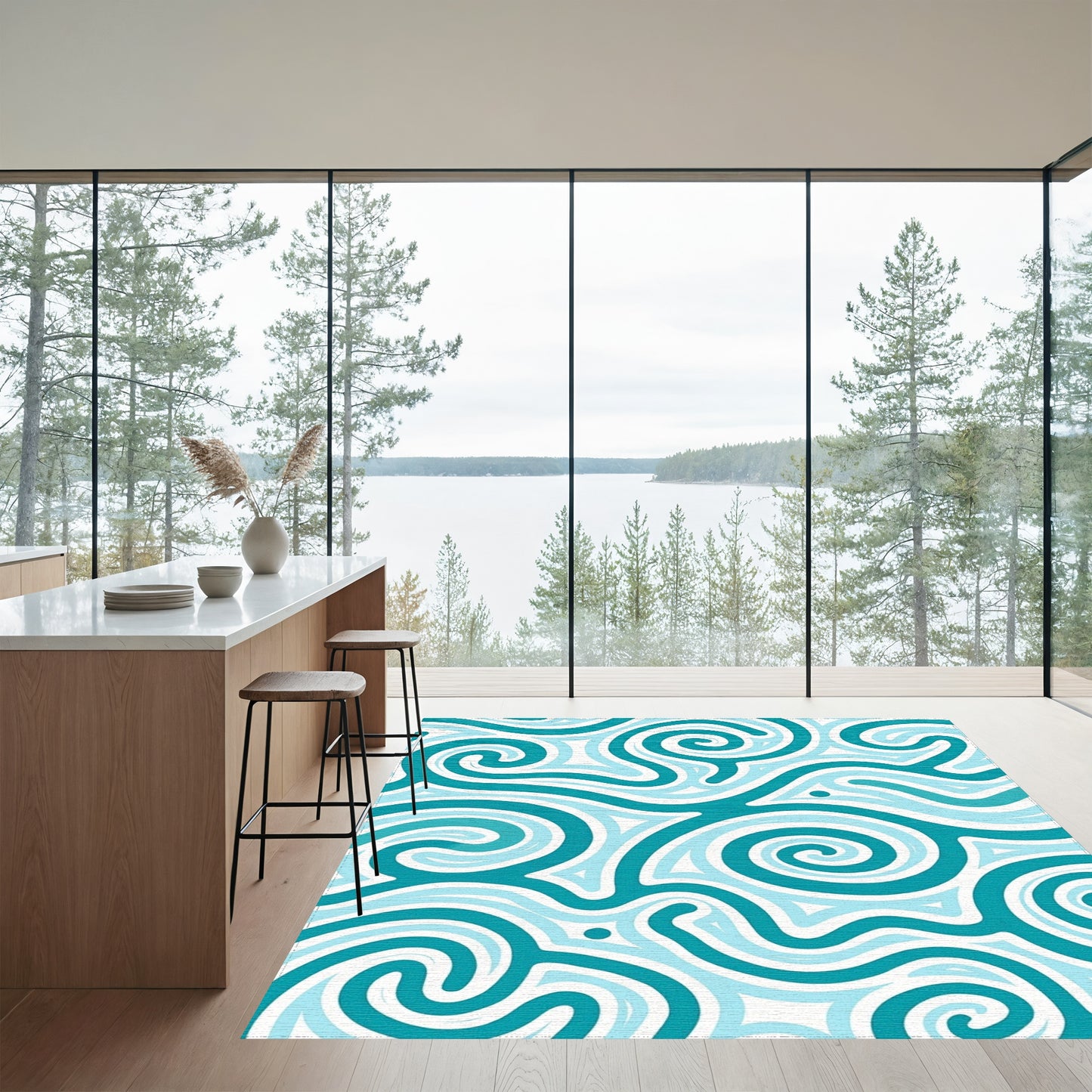 Teal Abstract Swirling Curls Rug