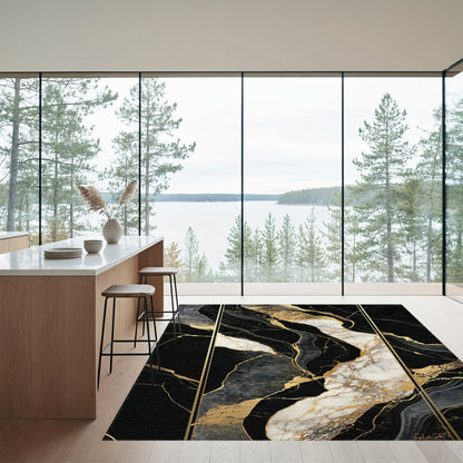 Black Gold White Veined Marble Rug