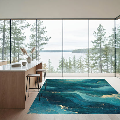 Layered Teal Gold Waves Rug