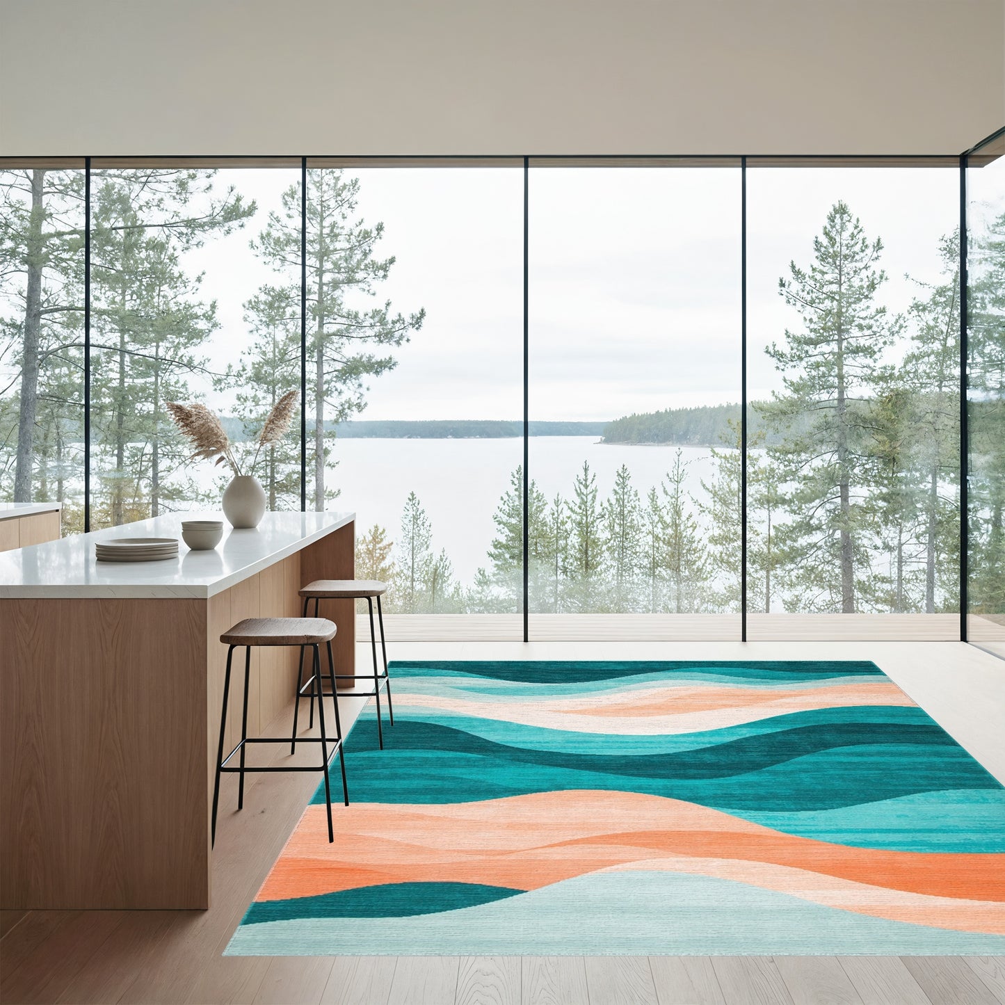 Teal Peach Wavy Layered Rug