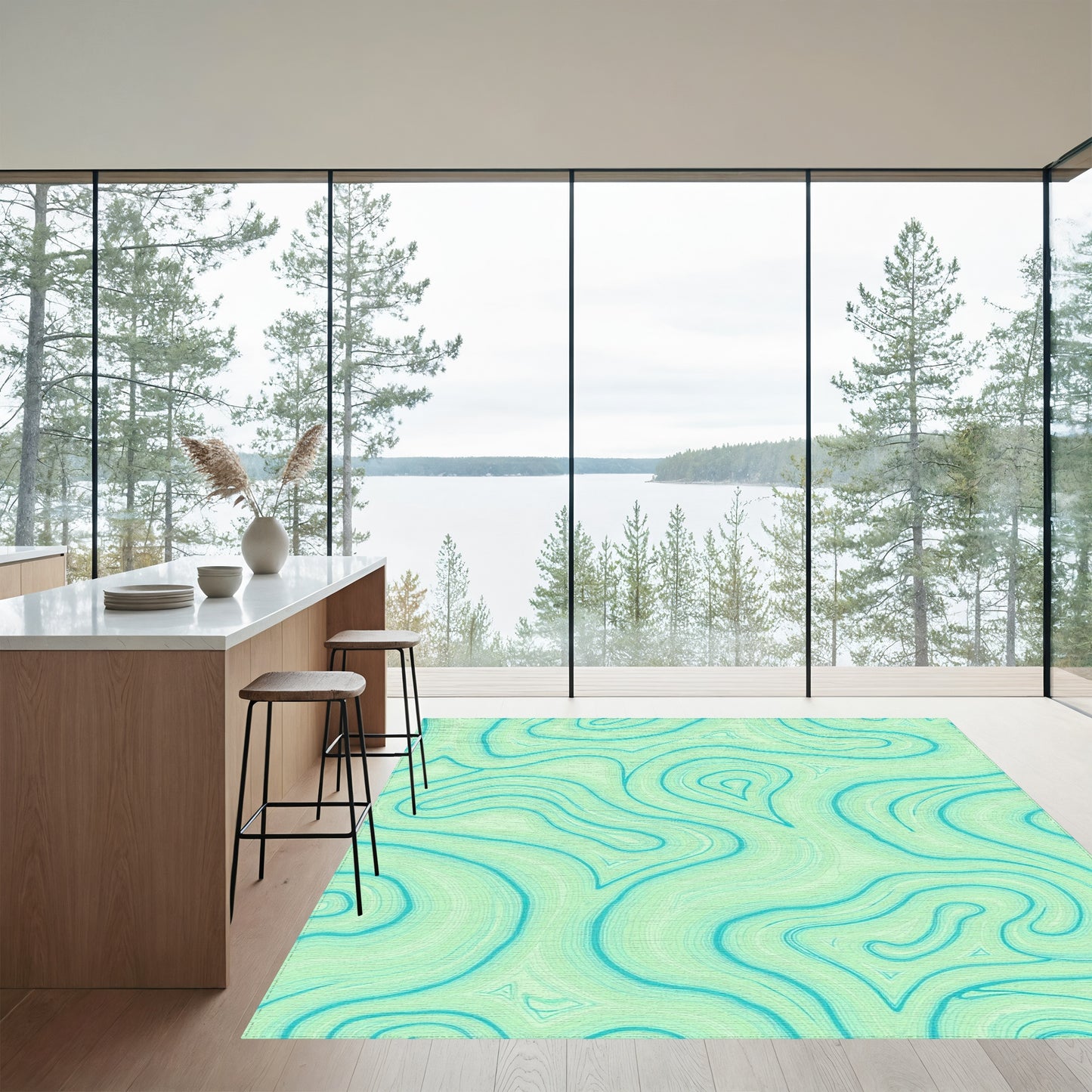 Teal Swirling Fluid Waves Rug
